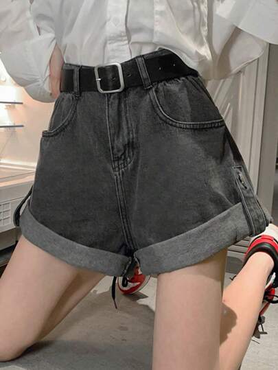 女士高腰纯色休闲短裤，适合通勤（不含腰带）
