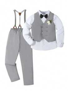 SHEIN 2pcs Tween Boy Gentleman Outfit: Solid Color Vest And Solid Color Pants With Suspenders, & Fashionable For Birthday Party, Evening Party, Wedding, Wedding Guest, Pageboy, Ring Bearer