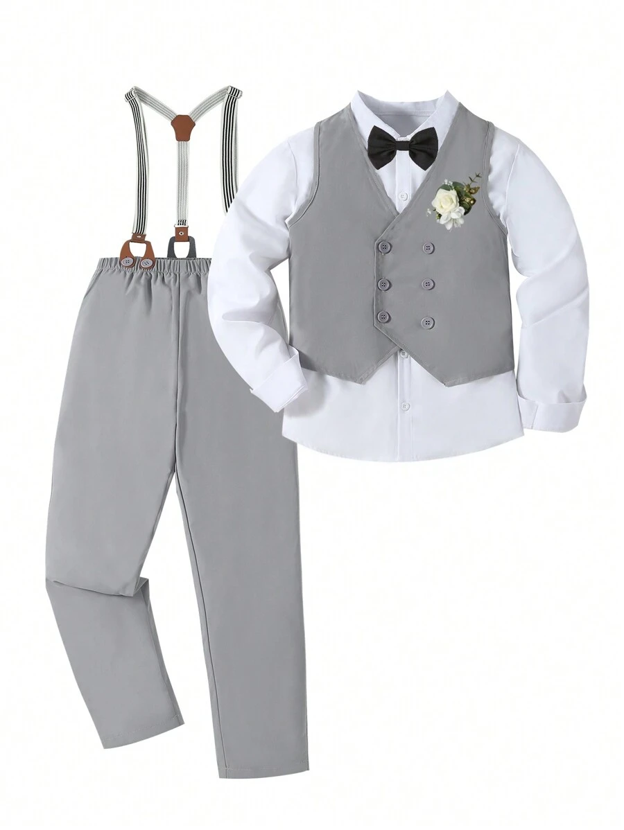 SHEIN 2pcs Tween Boy Gentleman Outfit: Solid Color Vest And Solid Color Pants With Suspenders, & Fashionable For Birthday Party, Evening Party, Wedding, Wedding Guest, Pageboy, Ring Bearer