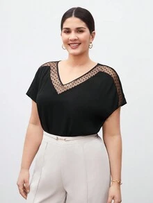 SHEIN BIZwear 大尺寸v領短袖網布料拼接t卹 - 黑色 - 查看 5