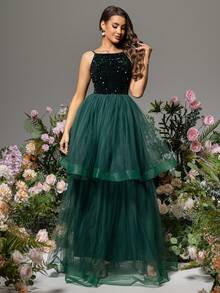 LOVE&LEMONADE Glitter Panel Double Layer Mesh Green Spaghetti Strap Dress - Green - View 7