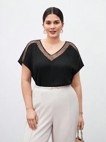 SHEIN BIZwear 大尺寸v領短袖網布料拼接t卹 - 黑色 - 查看 8