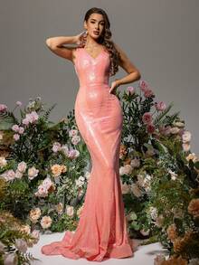 LOVE&LEMONADE 女式v領亮片晚禮服 - 玫紅色 - 查看 4