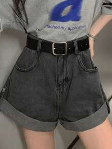 女士高腰纯色休闲短裤，适合通勤（不含腰带） - 深灰色 - 查看 3