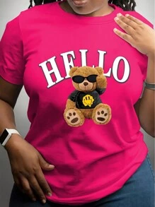 Maweii Camiseta de verano de cuello redondo para mujer talla grande con estampado de oso de peluche y letra - Rosa Fucsia - Ver 1