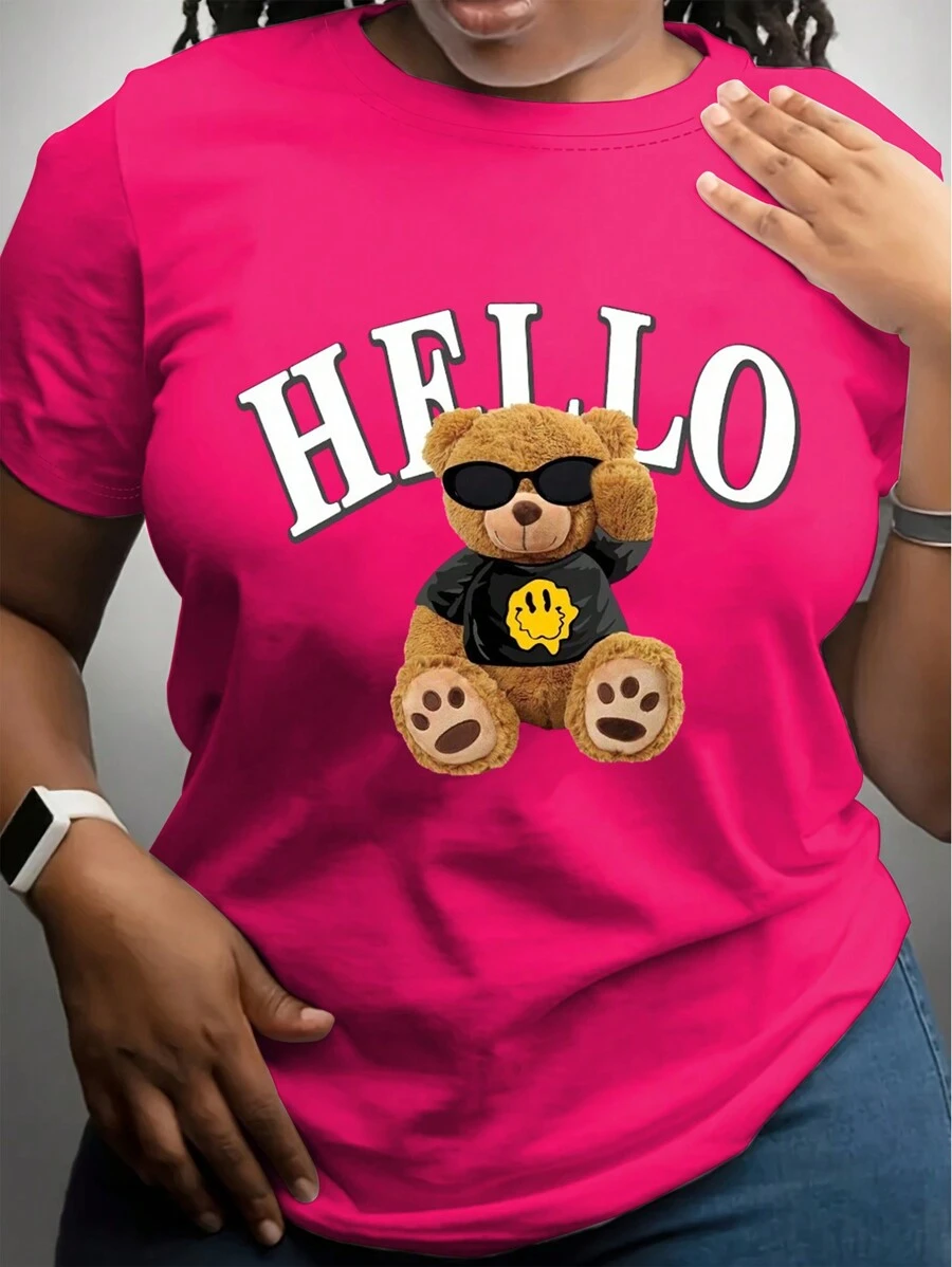 Maweii Camiseta de verano de cuello redondo para mujer talla grande con estampado de oso de peluche y letra - Rosa Fucsia - Ver 1