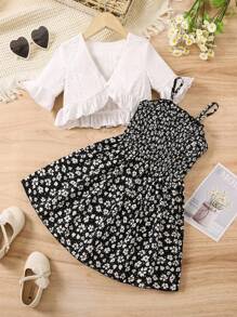 SHEIN Young Girls' Solid Hollow Out Embroidery Top And Ditsy Floral Printed Dress 2pcs/Set
