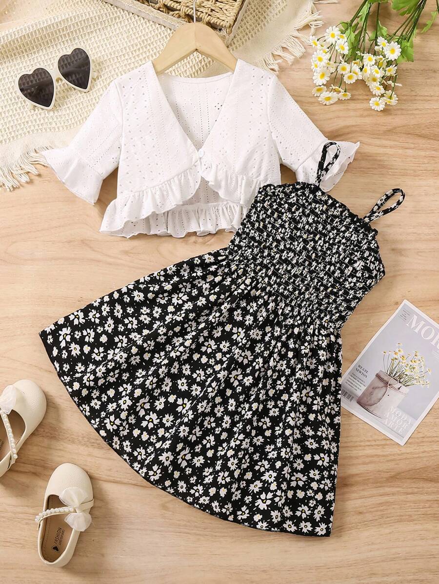 SHEIN Young Girls' Solid Hollow Out Embroidery Top And Ditsy Floral Printed Dress 2pcs/Set