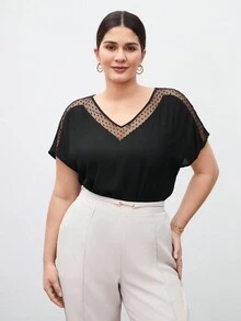SHEIN BIZwear 大尺寸v領短袖網布料拼接t卹 - 黑色 - 查看 6