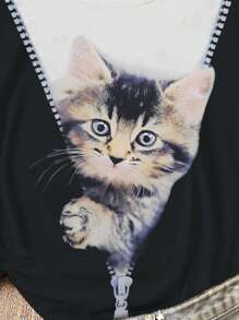 SHEIN Slayr Women's 3d Cat Pattern Short Sleeve T-Shirt - Multicolor - View 3