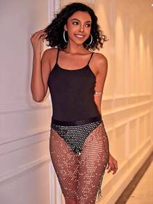 Women's Sparkly Rhinestone Fishnet Skirt - Black - View 3