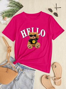 Maweii Camiseta de verano de cuello redondo para mujer talla grande con estampado de oso de peluche y letra - Rosa Fucsia - Ver 4