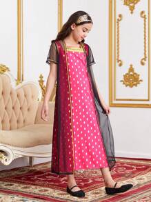SHEIN Kleid Set Für Jugendliche Mädchen Mit Eleganter Und Lässiger Mesh Kappe Und Gold Druck