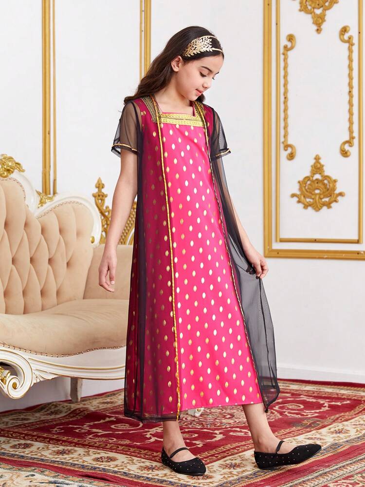 Tween Girls' Elegant & Casual Mesh Cape Gold Print Dress Set