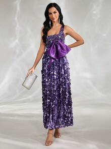 Purple Sexy One Shoulder Bow Glitter Sequin Evening Gown - Purple - View 4