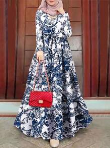 女士优雅春夏秋季圆领复古中式碎花束腰长袖连衣裙，复古又不失端庄休闲度假风 - 彩色 - 查看 1