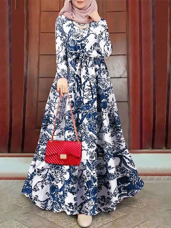 Women's Elegant Spring/Summer/Autumn Round Neck Vintage Style Chinoiserie Ditsy Floral Cinched Waist Cinched Waist Long Sleeve Dress, Retro And Modest