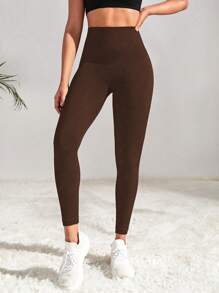 SHEIN Yoga Basic Solid Tummy Control Sports Leggings - Coffee Brown - View 4