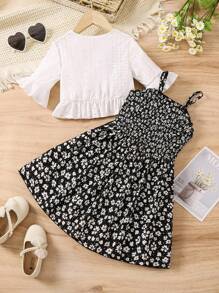 SHEIN Young Girls' Solid Hollow Out Embroidery Top And Ditsy Floral Printed Dress 2pcs/Set