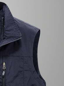 Men's Casual Navy Blue Zip Pocket Vest, Breathable - Navy Blue - View 3