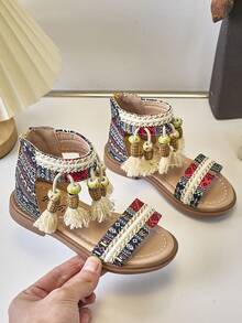 兒童流蘇裝飾平底涼鞋 - 黑色 - 查看 2