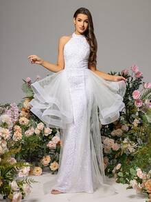 LOVE&LEMONADE White Halter Neck Wedding Dress With Mesh Patchwork - White - View 5