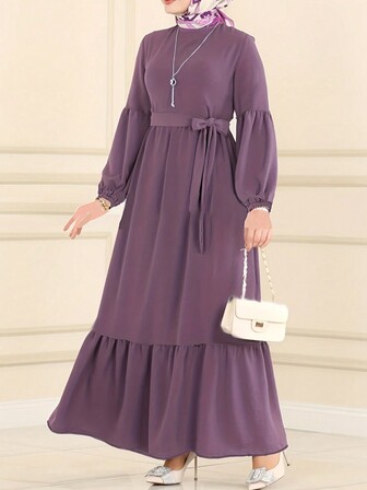 女士纯色圆领休闲优雅日常腰带蝴蝶结长裙，灯笼袖，适合春季、夏季、秋季、海滩、蜜月、端庄