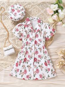 SHEIN Trẻ Cô gái Phong cách Vintage Dệt Kỳ nghỉ bờ biển In Đầm Với mũ , Mùa Xuân Và Mùa hè - Nhiều màu - Xem 1