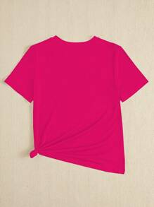 Maweii Camiseta de verano de cuello redondo para mujer talla grande con estampado de oso de peluche y letra - Rosa Fucsia - Ver 2