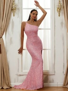粉色露背亮片性感晚礼服