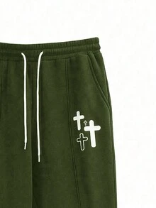 Manfinity EMRG Pantalones De Chándal Para Hombre Con Cintura Con Cordón Y Patrón De Cruz - Verde militar - Ver 5