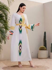 Al Najma 寬鬆休閒拼布印花洋裝 - 杏色 - 查看 3