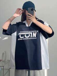 DAZY Women's Color Block Alphabet Printed T-Shirt Oversized T-Shirt,Graphic Tees - Navy Blue - View 2