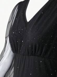 Zolique Women's Mesh Spliced Silver Foil Print Dress - Black - View 5