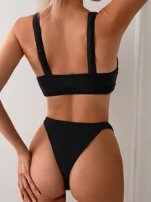 SHEIN Swim Conjunto de bikini de un solo color con escote en V para mujer, playa de verano - Negro - Ver 2