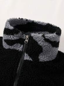 男士彩色拼接立領teddy毛絨衛衣 - 黑色 - 查看 4