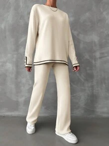 EURMUSE Contrast Binding Drop Shoulder Sweater & Knit Pants - Beige - View 5