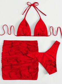Swim SXY 3 stuks/set dames 2025 tie-dye halternek sexy micro driehoek print bikini set met doorschijnende cover-up mini rok, zomer