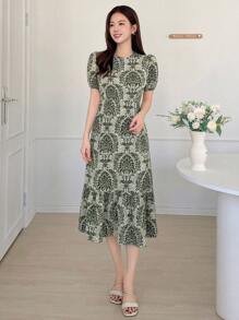 DAZY 女士短款泡泡袖印花连衣裙夏季吊带裙度假装复活节女装 - 綠色 - 查看 5