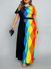 SHEIN Lady Kích thước lớn Của phụ nữ Hình học In Ngắn tay Đầm - Nhiều màu - Xem 5