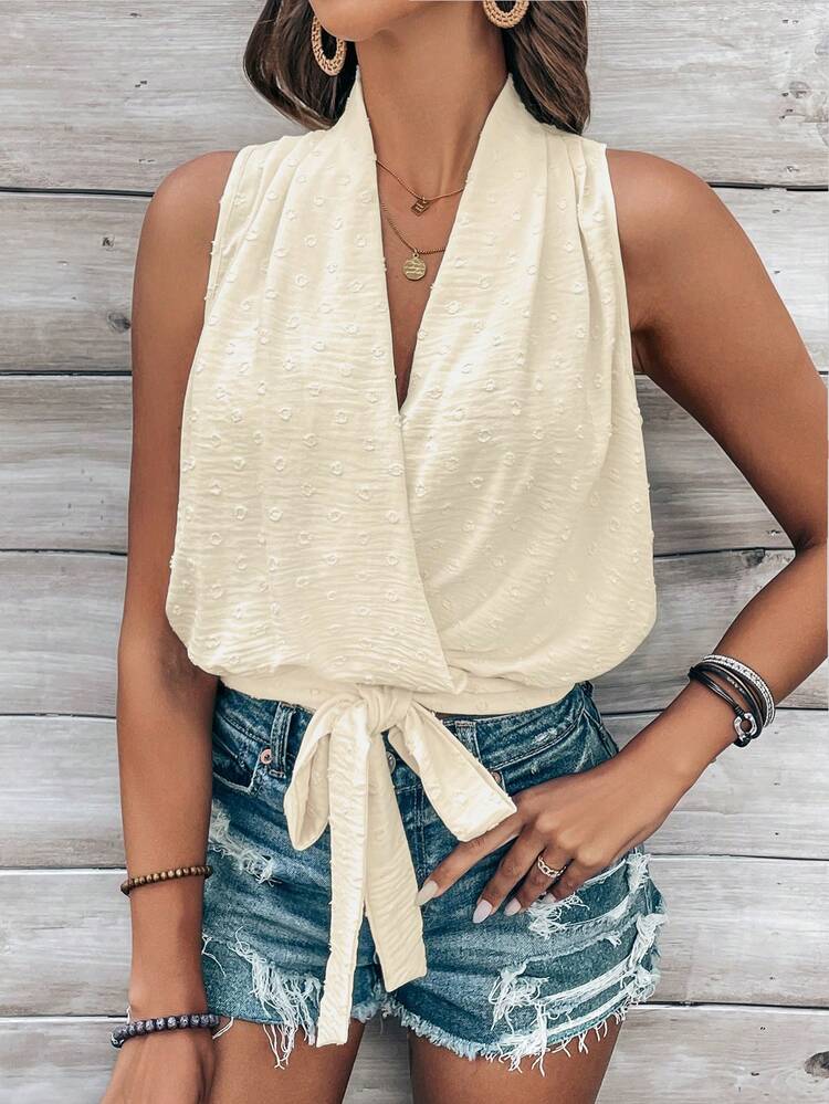 Solid Color Sleeveless Blouse With Ribbon Tie