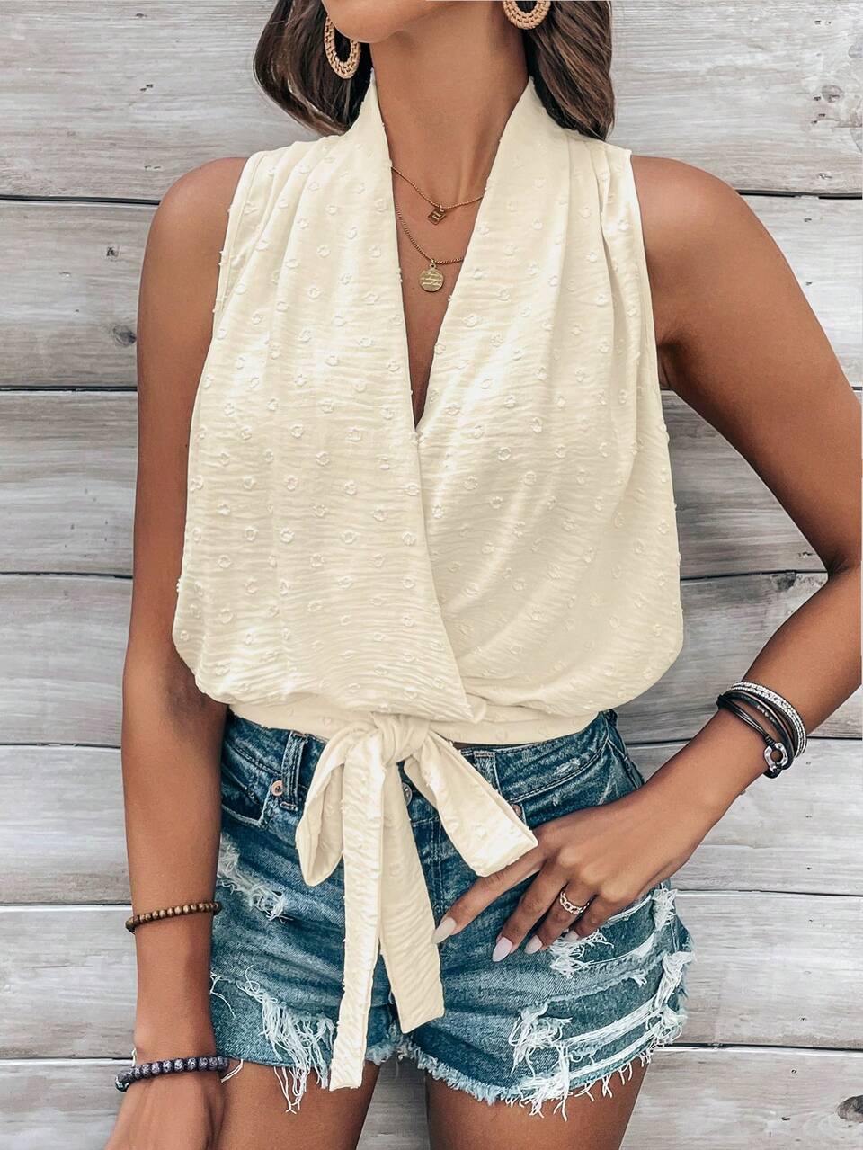 Solid Color Sleeveless Blouse With Ribbon Tie