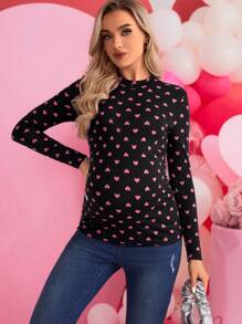 SHEIN Maternity Heart Print Stand Collar T-Shirt - Black - View 4