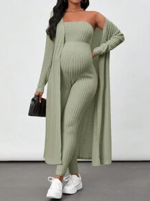 SHEIN Maternity Solid Color Long Sleeve Jacket And Strapless Jumpsuit Set - Green - View 6