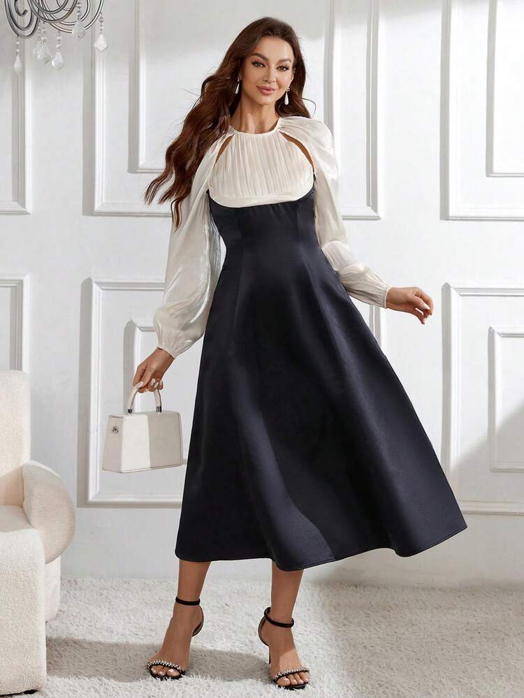 Women's Round Neck Splicing Flare Sleeve Dress Long Evening Dresses