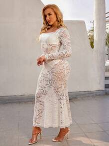 Zolique 1pc Long Sleeve Lace Dress - White - View 6