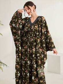 Al Najma Vestido De Manga Murciélago Con Estampado Floral - Verde - Ver 3