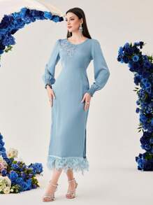Modelyn Embroidered Patchwork Split Feather Hem Dress Long Evening Dresses Fall Cloth For Women - Blue - View 5