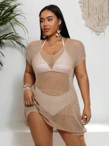 SHEIN Swim Curve Robe cache-maillot à manches chauve-souris ajourée pour femme grande taille pour l'été - Kaki - Voir 3