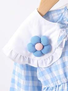 嬰兒女春夏季彼得潘領格子襯衫+牛仔喇叭褲套裝 - 藍色 - 查看 6